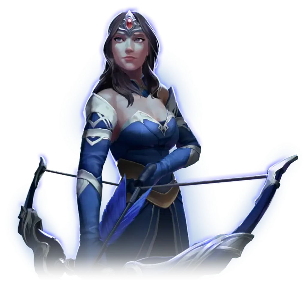 Epische vrouwelijke krijger-boogschutter in blauw en zilver harnas, met een boog en pijl in de aanslag, zeer gedetailleerde fantasiefiguur op transparante achtergrond.