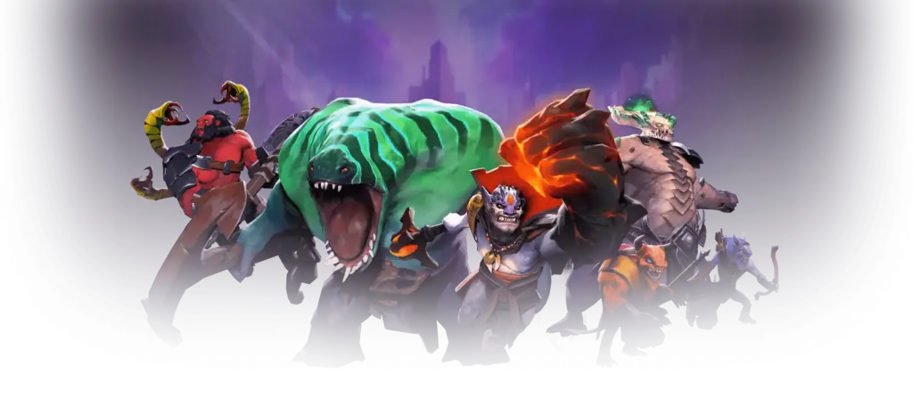 Epische fantasiebanner met een groep krachtige helden en monsterlijke wezens, verlicht door dramatische paarse belichting.